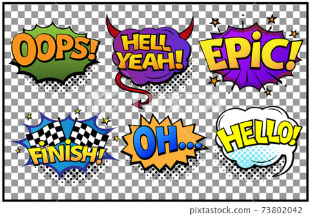 Comic speech bubbles set with different emotions and text Oops, Hell Yeah, Finish, Oh, Hello. Vector bright dynamic cartoon illustrations in retro pop art style isolated on transparent background 73802042