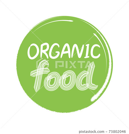 Emblem, sign for packages, natural products and health food stores. Vegan, raw, healthy food badges, tags for cafe, restaurants, products packaging etc. Healthy Food Lettering in Round Frame. Vector 73802046