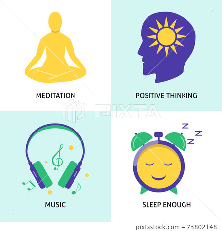Relaxation and mental health concept icon set in flat style Relaxation and mental health concept icon set in flat style 73802148