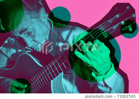 Cool fashion elderly man strum an acoustic - Stock Illustration