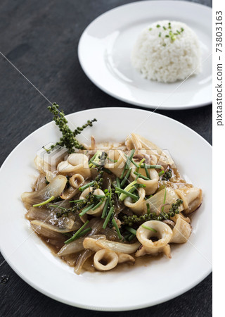 fresh squid and kampot green pepper stir fry meal fresh squid and kampot green pepper stir fry meal 73803163