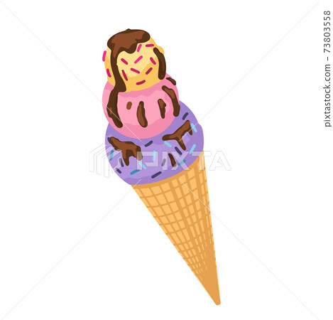 Ice-cream cone, ice cream balls, poured with chocolate, different flavors. Dessert, food, baby sweetness. Vector flat illustration isolated on white background 73803558