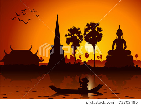 sunset landscape and Buddha Thai temple with a rowing boat around with tree.countryside of east lifestyle sunset landscape and Buddha Thai temple with a rowing boat around with tree.countryside of east lifestyle 73805489