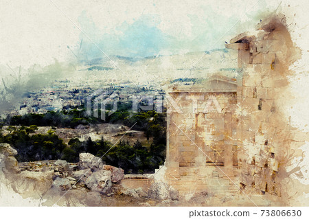 Watercolor illustrations view of the city and the sea from the Acropolis. Greece, Athens, Acropolis 73806630