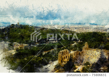 Watercolor illustrations view of the city and the sea above the point. Greece, Athens, Acropolis. 73806631