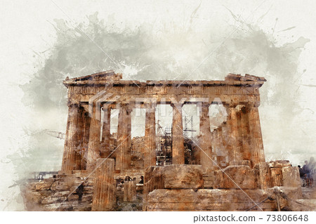 Watercolor Illustration Of The Parthenon, The... - Stock Illustration ...