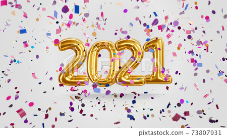 3d render Inscription 2021 from golden balloons on a white background with candy 73807931