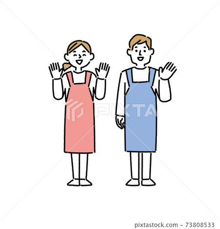 圍裙的男人和女人帶著微笑揮舞著的手 73808533