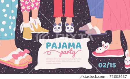 Pajama party poster with women legs in and slippers flat vector illustration. Pajama party poster with women legs in and slippers flat vector illustration. 73808687