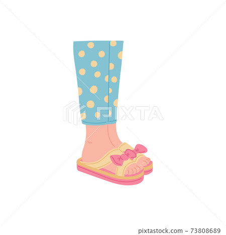 Female legs in house slippers or flip flops flat vector illustration isolated. Female legs in house slippers or flip flops flat vector illustration isolated. 73808689