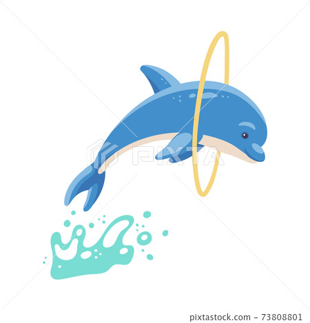 Cartoon blue dolphin jumps through the ring a vector isolated illustration Cartoon blue dolphin jumps through the ring a vector isolated illustration 73808801