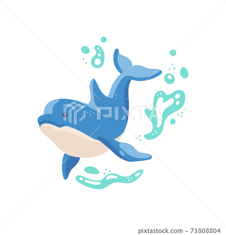 Blue cartoon dolphin swims in water depth a vector illustration 73808804
