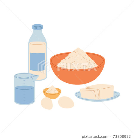 Baking ingredients on table, bakery food preparation stage. 73808952