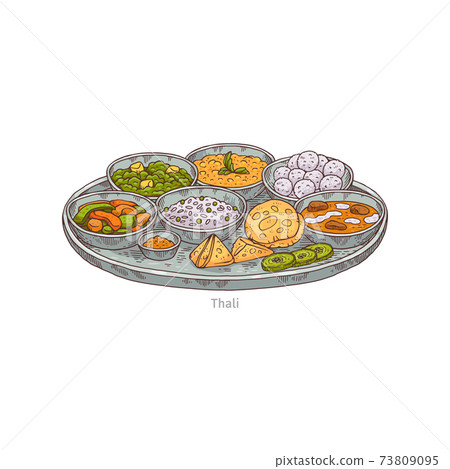 Tray with several different dishes - indian thali a vector sketch illustration 73809095