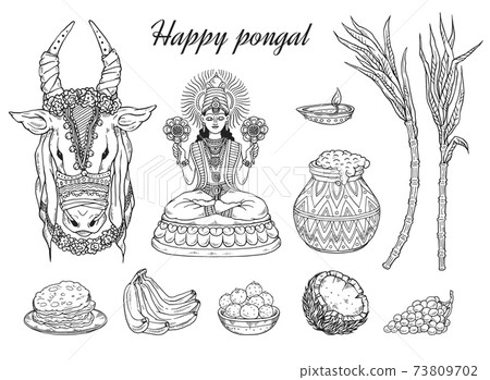 Set of vector sketches for national south indian happy pongal holiday. Set of vector sketches for national south indian happy pongal holiday. 73809702