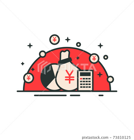 Money bag with yen symbol with graph and calculator. Yen icon in red design. Financial bank bag investment vector illustration deposit Money bag with yen symbol with graph and calculator. Yen icon in red design. Financial bank bag investment vector illustration deposit 73810125