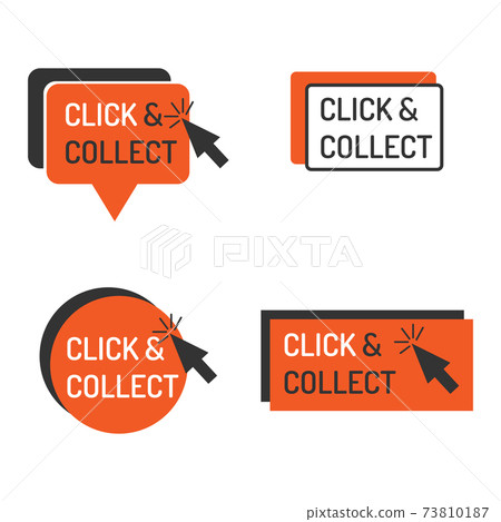 Detailed click and collect sign isolated white. Shop store label sign click and collect set with mouse icon. Business commerce service sticker sign vector illustration 73810187
