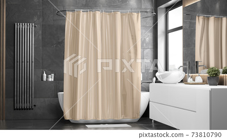Blank beige closed shower curtain mockup, front view Blank beige closed shower curtain mockup, front view 73810790