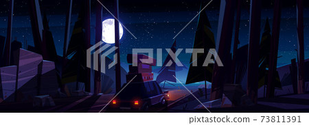 Car with luggage on roof on road at night 73811391