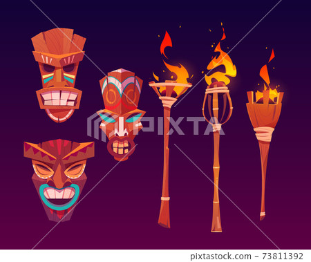 Tiki masks and burning torches, tribal wood totems 73811392