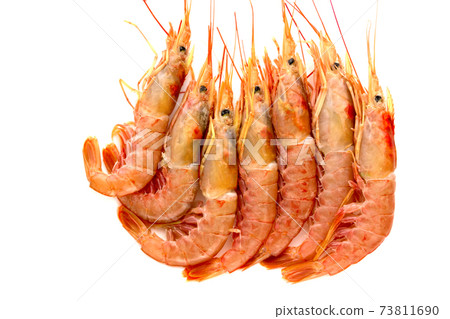 Raw prawns on a white background. Shrimp langoustina close-up on a white surface. Raw prawns on a white background. Shrimp langoustina close-up on a white surface. 73811690