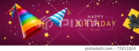 Birthday Concept Banner Horizontal with Realistic Detailed 3d Elements. Vector 73811824