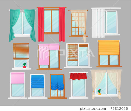 Set of Windows with Curtains and Jalousie and Roller Blinds, Interior Design Elements. White Pvc or Wooden Brown Sills 73812026