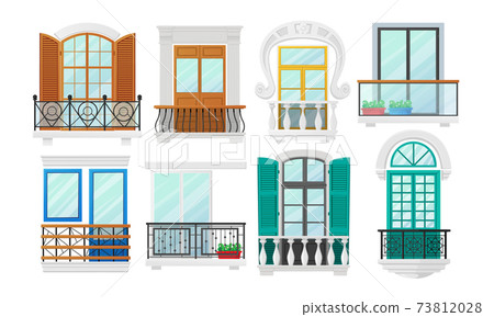 Set Balconies with Windows with Wooden Shutters and Metal Forged or Marble Balusters. Classic Construction Architecture 73812028