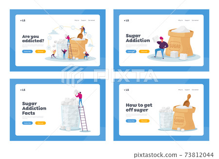 Sugar Addiction Landing Page Template Set. Tiny Characters at Huge Sack and Glass of Sugar. People Addict of Junk Food 73812044