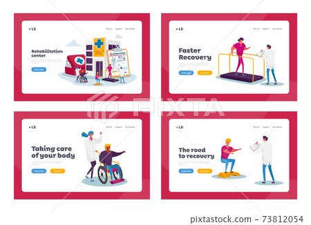 Rehabilitation Landing Page Template Set. Tiny Characters at Huge Medic Things. Rehab Clinic, Patients Exercising, Sport Rehabilitation Landing Page Template Set. Tiny Characters at Huge Medic Things. Rehab Clinic, Patients Exercising, Sport 73812054