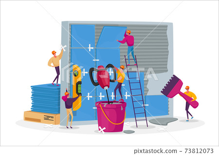 Construction, Home Renovation Works, Tiny Workers Male Female Characters Laying Huge Ceramics on Wall. Repairman Service Construction, Home Renovation Works, Tiny Workers Male Female Characters Laying Huge Ceramics on Wall. Repairman Service 73812073