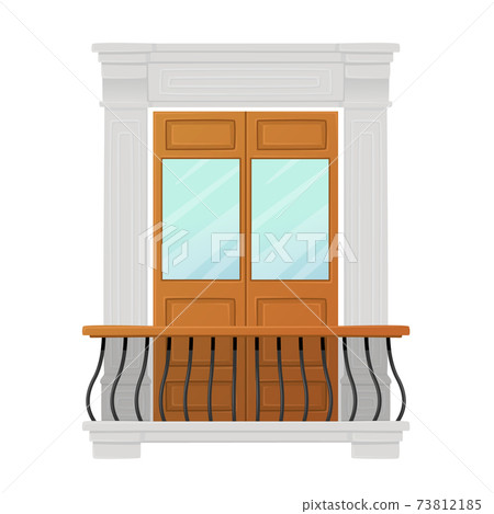 Balcony with Wooden Door and Classic Marble Pillars. Exterior Architecture with Decoration. Vintage Building Facade Balcony with Wooden Door and Classic Marble Pillars. Exterior Architecture with Decoration. Vintage Building Facade 73812185