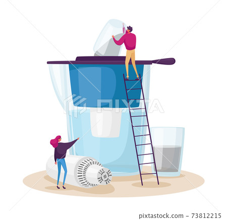 Water Domestic Filtration, Purification Concept. Tiny Male and Female Characters Installing Membrane in Huge Aqua Filter 73812215