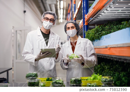 Workers with face mask on aquaponic farm, sustainable business and coronavirus. Workers with face mask on aquaponic farm, sustainable business and coronavirus. 73812390