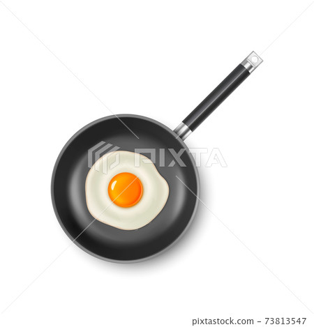 Vector 3d Realistic Black Frying Pan with Fried Edd, Omelet Inside Isolated on White Background. Breakfast, Food Concept. Design Template, Mockup. Top View Vector 3d Realistic Black Frying Pan with Fried Edd, Omelet Inside Isolated on White Background. Breakfast, Food Concept. Design Template, Mockup. Top View 73813547