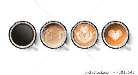 Vector 3d Realistic Enamel Metal White Mug with Black and Foam Milk Coffee Isolated on White Background. Capuccino, Latte, Espresso, Flower, Heart Pattern. Top View. Design Template for Mock up Vector 3d Realistic Enamel Metal White Mug with Black and Foam Milk Coffee Isolated on White Background. Capuccino, Latte, Espresso, Flower, Heart Pattern. Top View. Design Template for Mock up 73813548