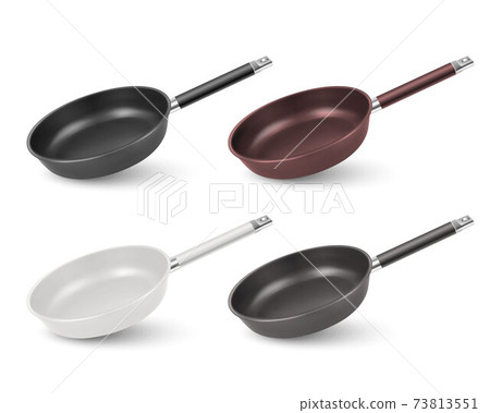 Vector 3d Realistic Black, Brown, White Empty Frying Pan Icon Set Isolated on White Background. Design Template, Mockup Vector 3d Realistic Black, Brown, White Empty Frying Pan Icon Set Isolated on White Background. Design Template, Mockup 73813551
