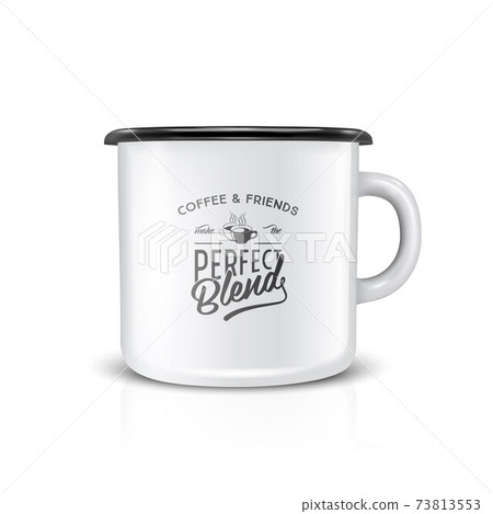 Vector 3d Realistic Enamel Metal Blank White Mug Isolated on White Background. Front View. Tea, Coffee Cup with Typography Quote, Phrase about Coffee. Design Template for Mock up Vector 3d Realistic Enamel Metal Blank White Mug Isolated on White Background. Front View. Tea, Coffee Cup with Typography Quote, Phrase about Coffee. Design Template for Mock up 73813553