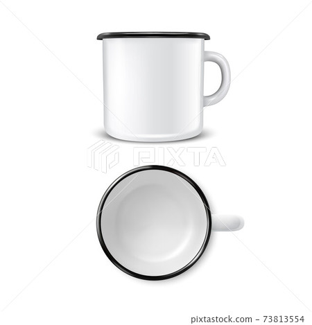 Vector 3d Realistic Enamel Metal Blank White Mug Isolated on White Background. Front and Top View. Design Template for Mock up 73813554