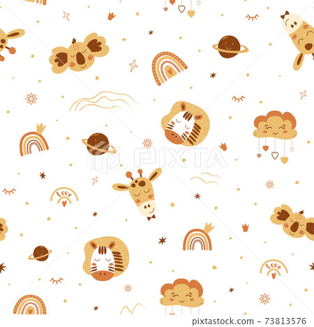 Cute boho animals pattern. Baby animals, rainbows. Boho safari animals. Yellow neutral seamless pattern. 73813576