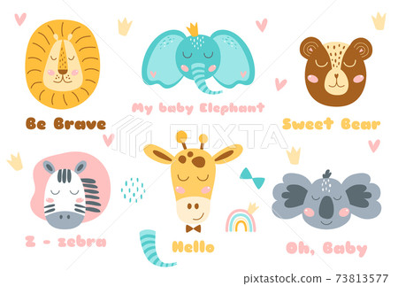 Safari animal heads set Baby animal head cute animals ant text. Zebra, bear, koala, lion, elephant, giraffe. Safari animal heads set Baby animal head cute animals ant text. Zebra, bear, koala, lion, elephant, giraffe. 73813577