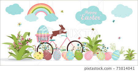 A set of brightly painted Easter eggs and bunnies. Vector illustration with a happy Easter wish. Flat design featuring hares, butterflies, flowers and rainbows. Template for a postcard, invitation, ad 73814041