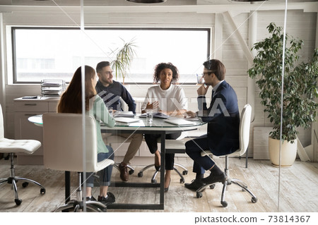 Diverse business people discussing project, brainstorming in modern board room 73814367