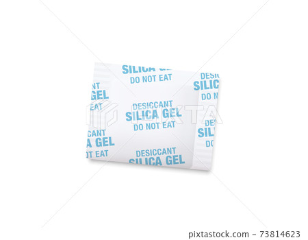 Silica gel sachet. Single desiccant selicagel in a white paper packet, do not eat. Chemical substance, industrial tool to avoid humidity, condensation, moisture. Isolated vector illustration on white. 73814623