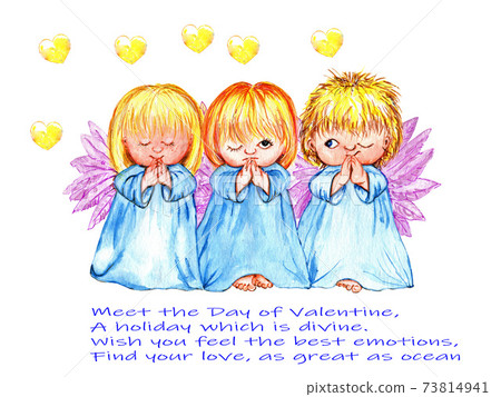 Three cute angels with wings are standing and winking 73814941