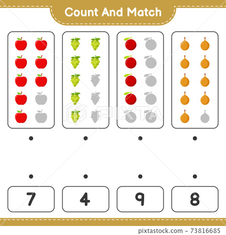 Count and match, count the number of Fruits and match with right numbers. Educational children game, printable worksheet, vector illustration 73816685