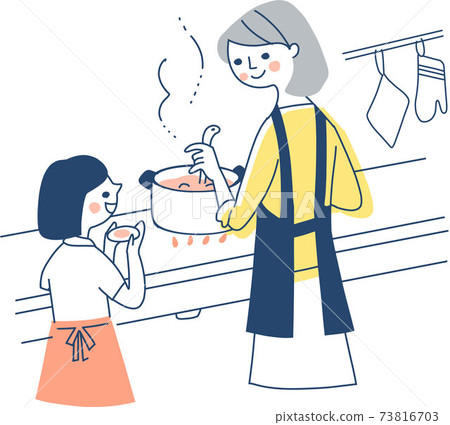 幫助她的母親在廚房裡做飯的女孩 幫助她的母親在廚房裡做飯的女孩 73816703