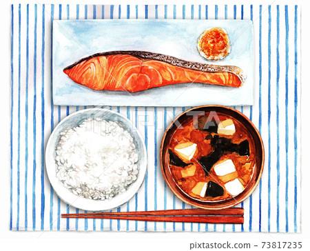 Grilled salmon set meal-place mat (watercolor illustration) Grilled salmon set meal-place mat (watercolor illustration) 73817235