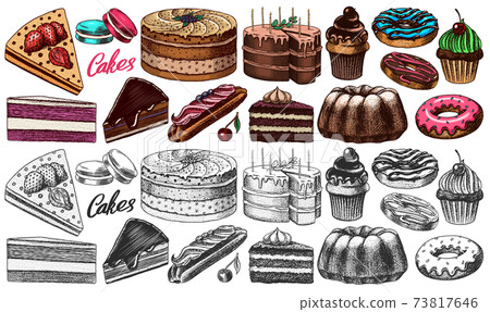 Cakes and cream tarts, fruit desserts and muffins. Chocolate Donuts, Sweet Food. Hand drawn pastries 73817646