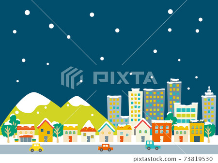 Colorful cityscape Snowy night Western-style houses, mountains, buildings 73819530